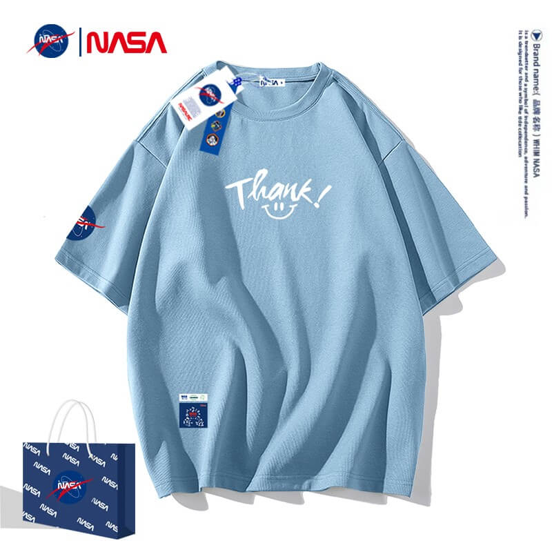 NASA男装联名夏季男士短袖t恤套装韩版潮流宽松半袖潮牌衣服裤子两件套青少年学生夏天运动休闲夏季套装 浅蓝色单T恤 XL